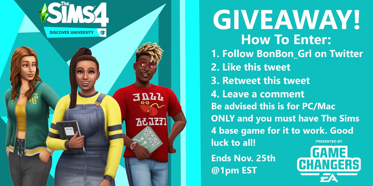 BonBon_Grl's tweet image. Hey my peeps! I'm doing another #Giveaway Thank you to 
@EA, the #GameChangers program &amp;amp; @SimGuruFrost
 for once again providing me with a code for #TheSims4 #DiscoverUniversity Follow the instructions on the pic provided to enter. Good luck! #TheSims4DiscoverUniversity