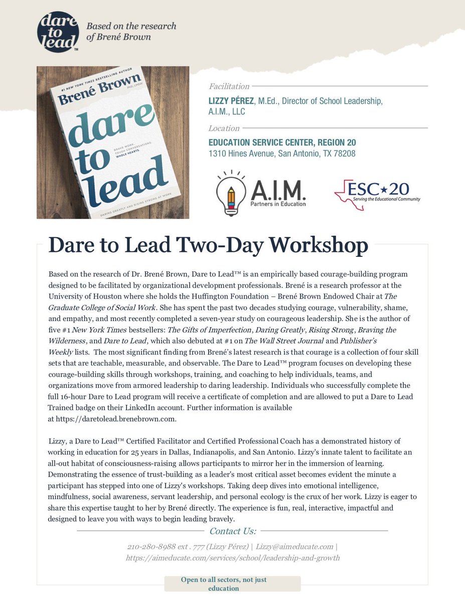 aimeducatetx's tweet photo. Ready to be Dare to Lead trained?! You do not want to miss this special introductory pricing for 2020. Be one of the first participants to be trained in Dare to Lead™ and see what it will do for you both personally and professionally #aim #aimllc #daretolead #brenebrown https://t.co/OvdvbR6S3u