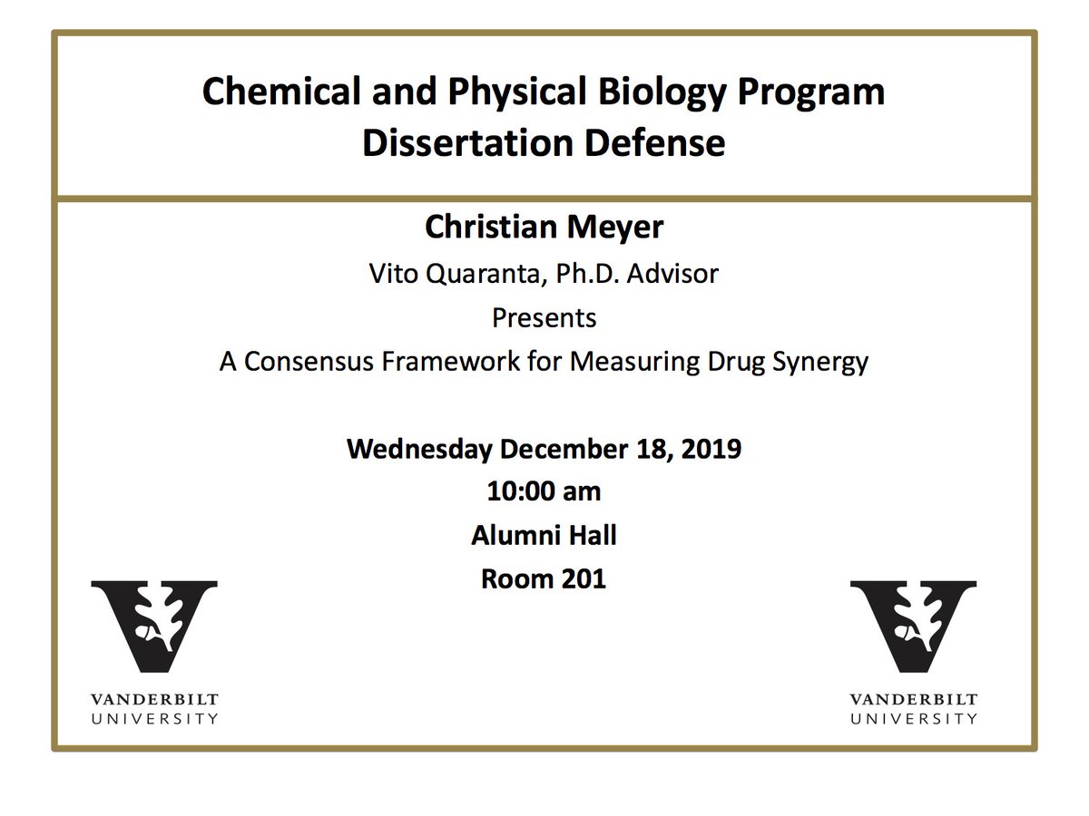 Flyer for Christian Meyer's dissertation defense. Title is "A consensus framework for measuring drug synergy." The VU logo is on each of the bottom corners.