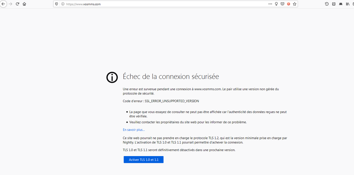 Sebbaz_'s tweet photo. Récupérer un MMS chez @SFR (ou un MVNO comme @prixtel @CoriolisTelecom) avec un téléphone portable (pas #ordiphone), c'est accepter des choses terribles en terme de chiffrement #TLS 

Avec les nouvelles version de @FirefoxNightly : On a le droit à un joli message d'erreur. https://t.co/CPJ8wuPrId