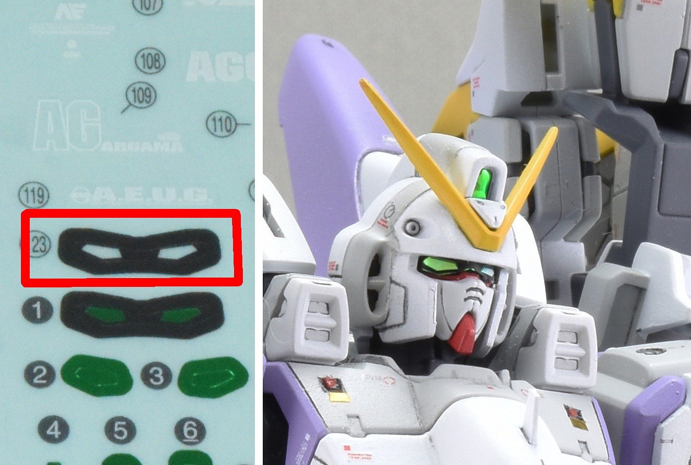 コピルアク ハイキューパーツのオーロラグリーンシール はセンサー系に貼るといい感じ いい感じだけど眼の形に切り出すのは至難の業 今回はrgのリアルスティックデカールについてくる眼のとこが透明なシールを上から貼ってフィニッシュ 最初から切り出さ