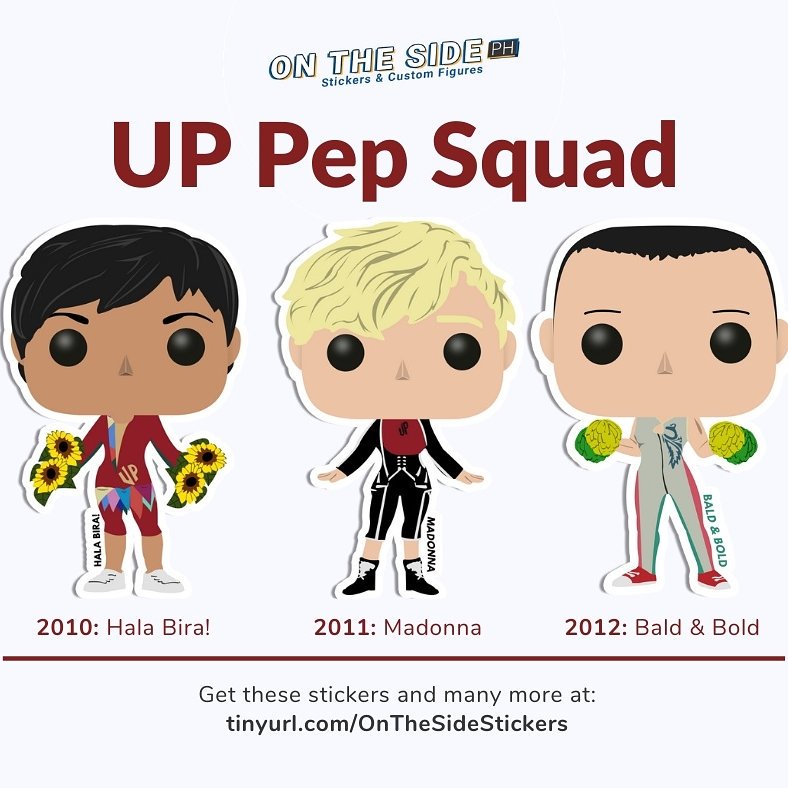 Some of UP Pep Squad's iconic performances reimagined as stickers! 🥰

2010 theme: Hala Bira!
2011 theme: Madonna
2012 theme: Bald & Bold

👉 tinyurl.com/OnTheSideStick…

#uaap #uaapcdc #uaapcdc2019 #uaapseason82 #uaapcdc82 #uppepsquad
