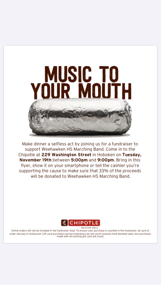 WeehawkenBand's tweet photo. Come support the Weehawken Band by going to the Hoboken Chipotle tomorrow (Tuesday 11/19) between 5-9! https://t.co/qxQLigqKAL