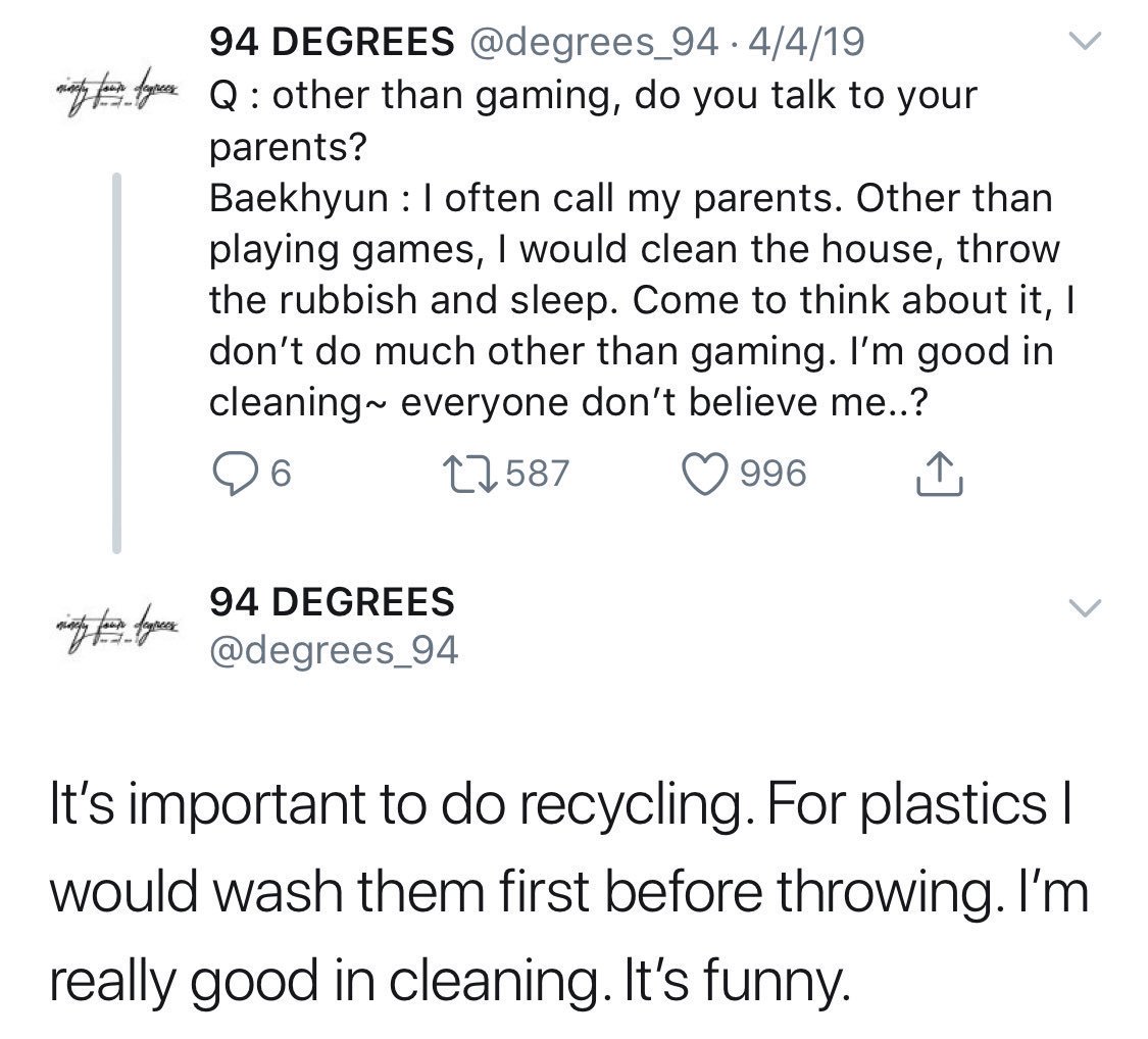 Adding Baekhyun taking care of environment. Baekhyun stopped using his favorite scrub but it wasn't good for environment, he always recycles and asks fans to do the same, he used reusable cups when he prepared drinks for fans and he has Earth as his wallpaper