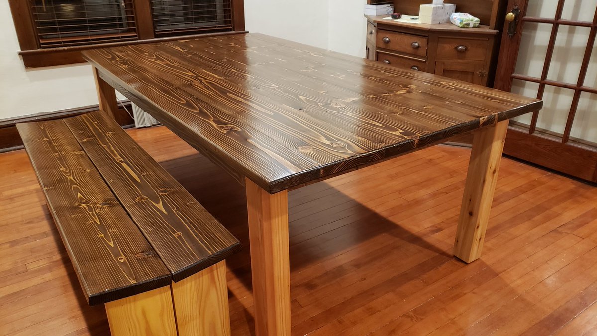 We just finished our Harvest table. It was our first big woodworking  project. Much cheaper than to buy one, but it took us much longer than the one day the instruction said 😋
#woodworking #furniture #harvesttable #picture
