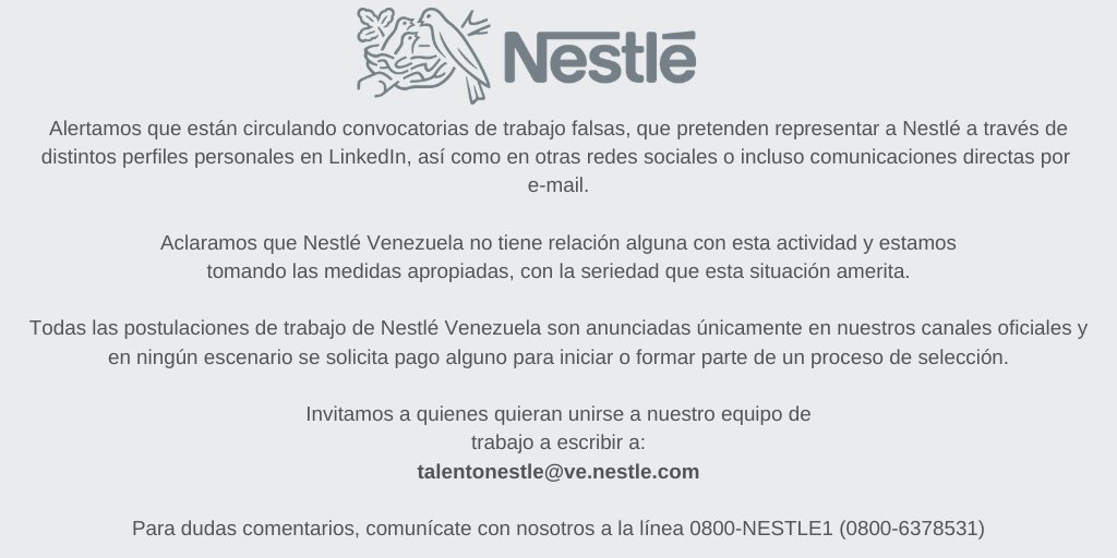 Twitter 上的 Nestlé® Nestlé Venezuela informa sobre ofertas de empleo falsas. https://t.co/oI72MEgRWZ" / Twitter