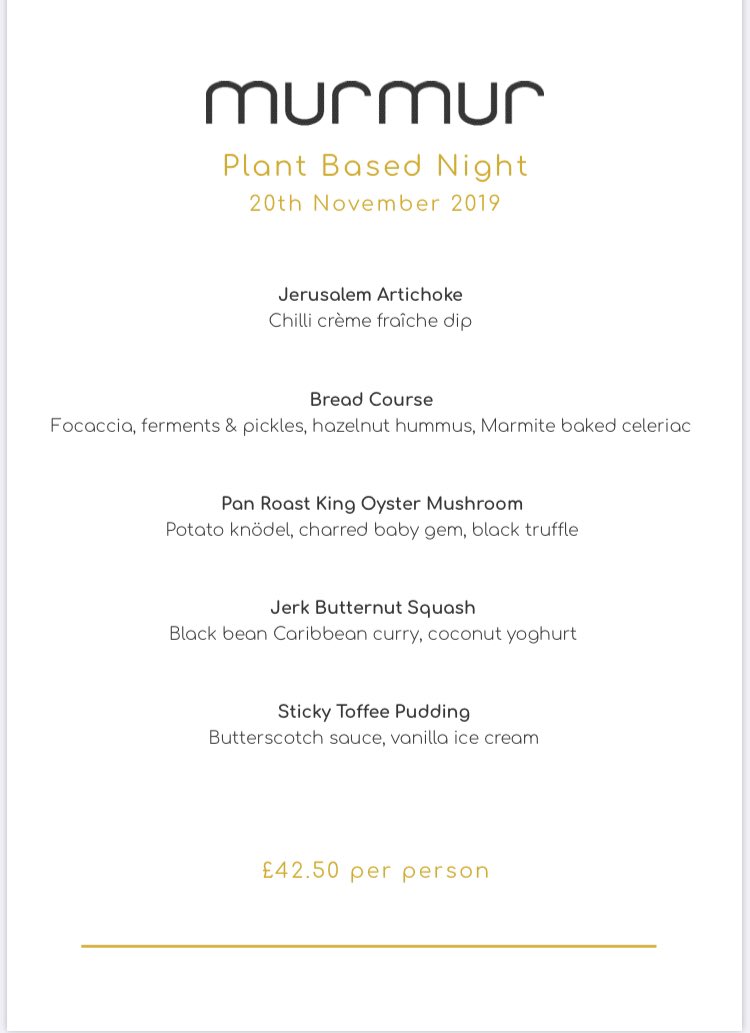 Just 2 spaces remaining for our plant based night on Wednesday at 7pm

5 courses, optional drinks flight available on the night, all 100% vegan

Book here:
resdiary.com/restaurant/mur…