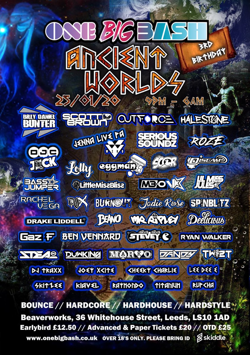 ONEBIGBASH's tweet photo. So we kept you in suspenders for long enough, here it is in full, our 3rd Birthday Line-Up! 😁🥳

#Beaverworks #Leeds 

Tickets available on @skiddle and via our website https://t.co/JtYsg58qhc

#Bounce #UKHardcore #HardHouse #Hardstyle #RaveMusic https://t.co/djuzmnYQWF