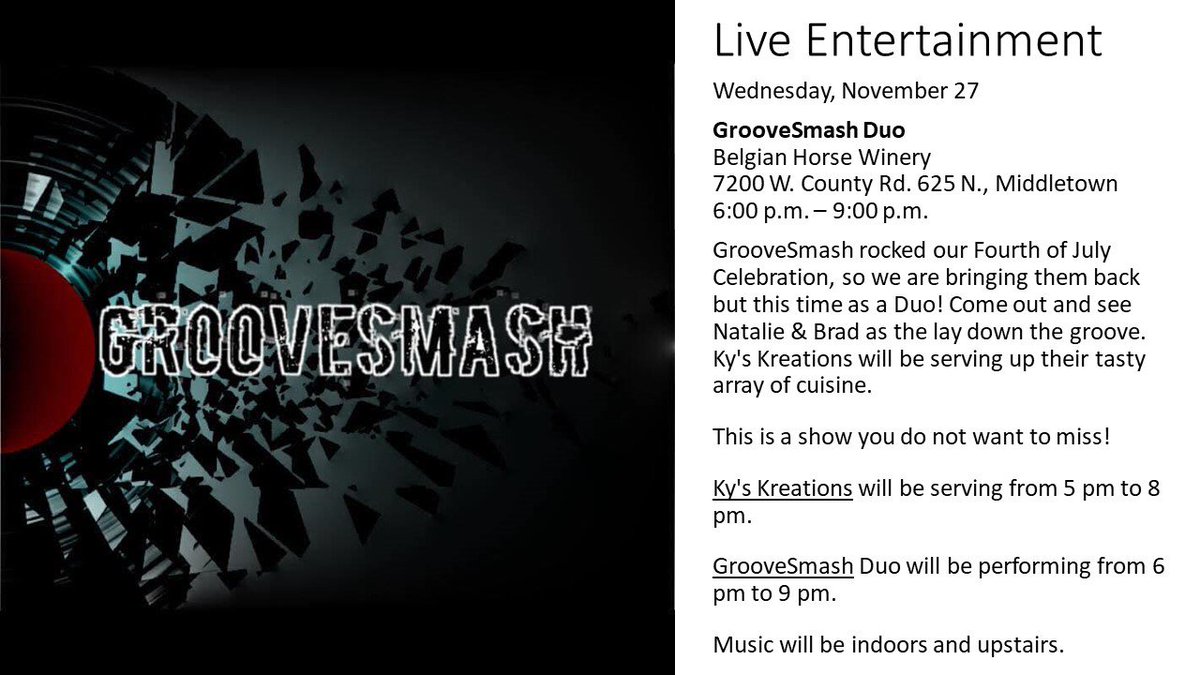 Music and entertainment taking us right up to the night before Thanksgiving!  

11/21: Governor Davis Hosts the Muncie Blues Jam at Valhalla Venue

11/23: Robin Slaven at the Guardian Brewing Co.

11/27: Groovesmash Duo at Belgian Horse Winery

Read more: bit.ly/2qbOetJ