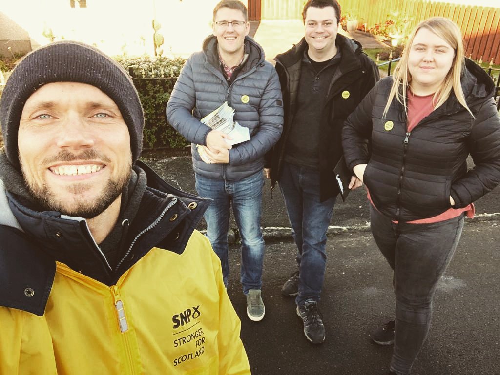DavidLinden's tweet photo. Out for a canvassing session with this lot on what is a very cold but sunny afternoon in #Springboig 😎

Lots of great feedback for @theSNP on the doors in the area.

#VoteSNP #ActiveSNP #GE2019 https://t.co/LsVSb7lWYQ
