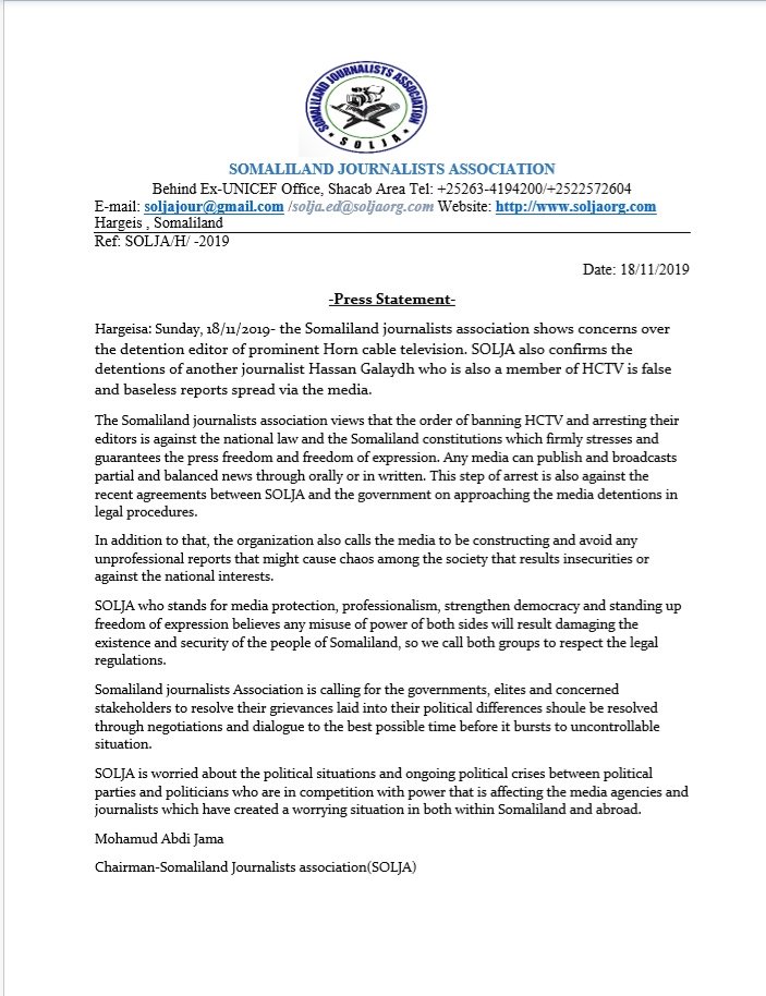Xuuto12's tweet photo. The #Somaliland journalists association shows concerns over the detention editor of prominent Horn cable television. @solja_org also confirms the detentions of another journalist Hassan Galaydh who is also a member of HCTV is false and baseless reports spread via the media. https://t.co/EO8wlLIuRM