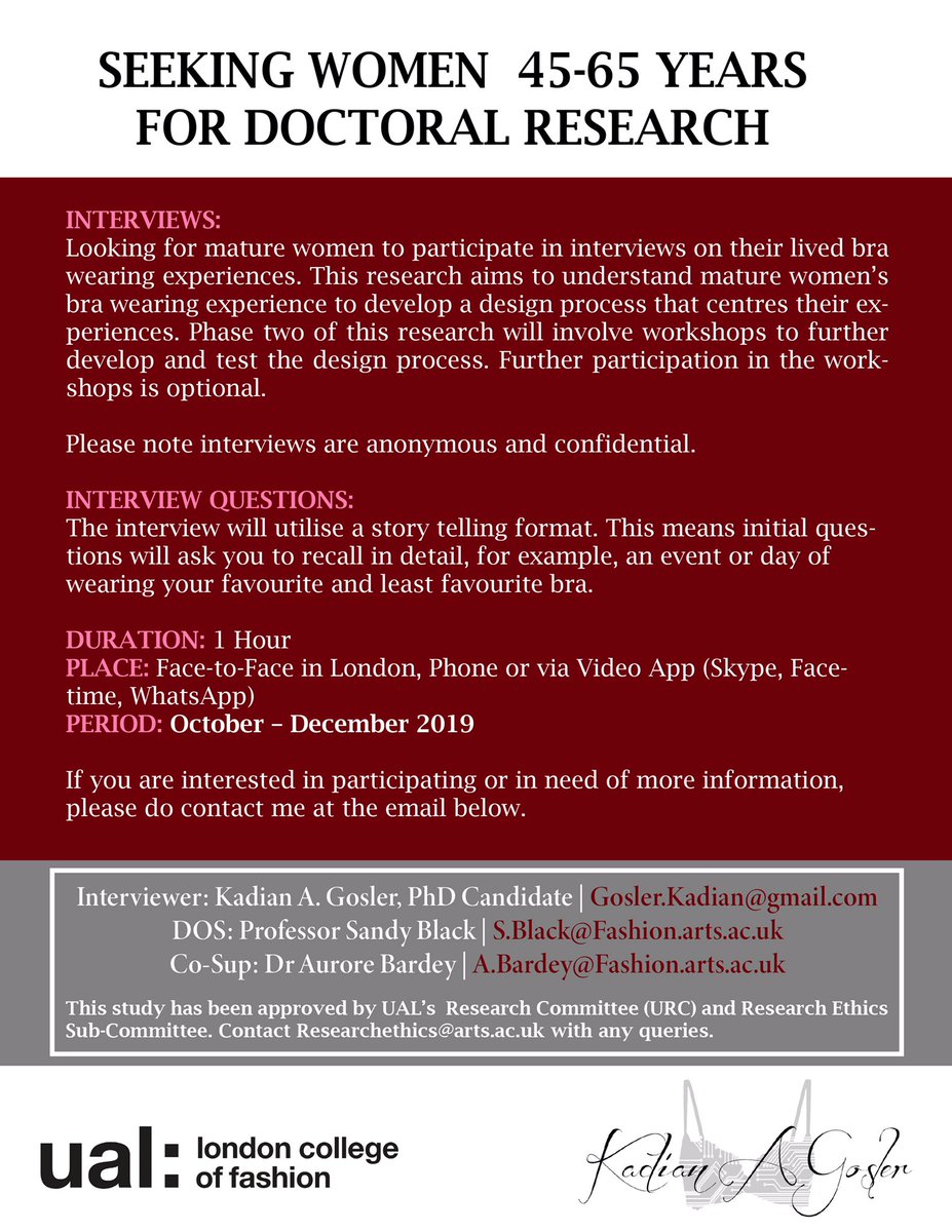 DrKadianGosler's tweet photo. Hi 👋🏿, I’m seeking women aged 45-65 for interviews on their bra wearing experience for my PhD research. Interviews will take place Nov-Dec. See poster for contact info.
#academictwitter  @firstgendocs @AcademicChatter  @BlackWomenPhDs @ResearchUAL https://t.co/NZ7HXqF9cf