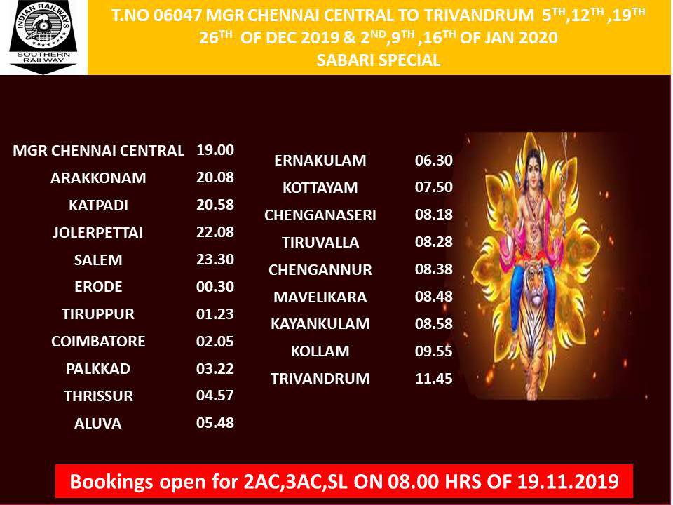 DyCCMPMSR's tweet photo. # Sabari special fare special train no 06047 Chennai Central to Thiruvananthapuram @GMSRailway @ccmsrly @DrmChennai @SalemDRM @TVC138 @SrDCMPGTSR https://t.co/sesnBMfXvi