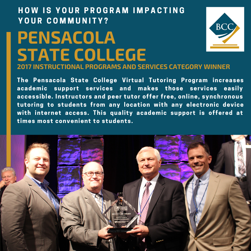 BellwetherCC's tweet photo. We would like to feature one of 2017's #BellwetherAward winners. 
@PensacolaState won in the #InstructionalProgramsAndServices category. 
#Congratulations and see you in 2020. #HigherEd #Futures2020 #CCFA #HigherEducation #CommunityColleges #Education https://t.co/uZ75MnUwQC