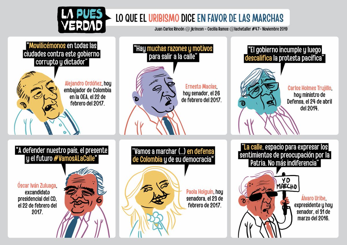 elespectador's tweet photo. ¿Recuerdan las marchas que al uribismo sí le gustan? Los de @lapuesverdad sí, y aquí citan a sus líderes cuando defendían "la calle". 
Por: @jkrincon y @lachetaller. https://t.co/zDA04crgxc