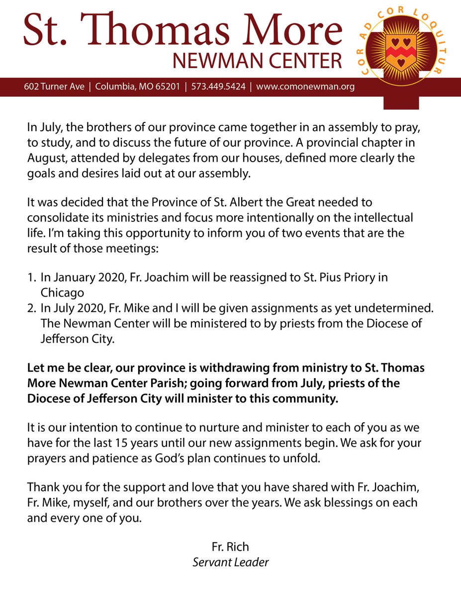 CoMoNewmanCM's tweet photo. Please read the following letter from Fr. Rich: https://t.co/Ai6Yn4pJ0C