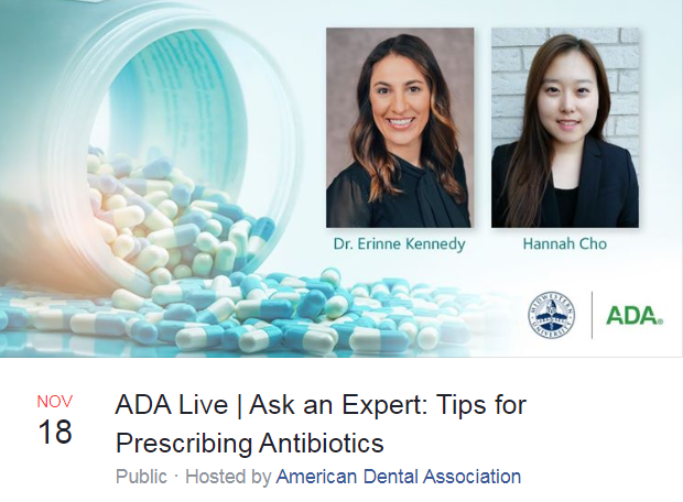 SIDPharm's tweet photo. Join @AmerDentalAssoc today at 1 PM ET on Facebook Live, where an author of the new #antibiotics guideline will be answering your questions in front of an audience of #dental students at @MidwesternUniv. Event link here: https://t.co/VQ4EzQXT8o #USAAW19 #BeAntibioticsAware https://t.co/oNSZSPtowf