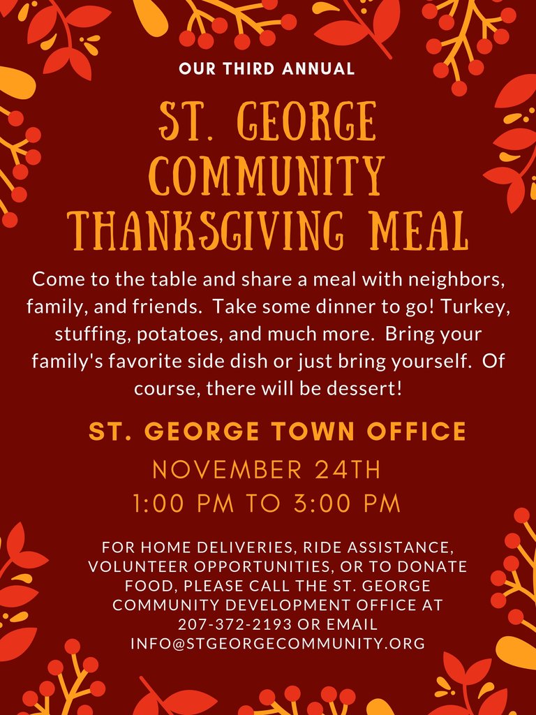 St. George Community Development Corporation's 3rd Annual Thanksgiving Meal at the Town Office is coming up this weekend.

More details at stgeorgecommunity.org/community-than…