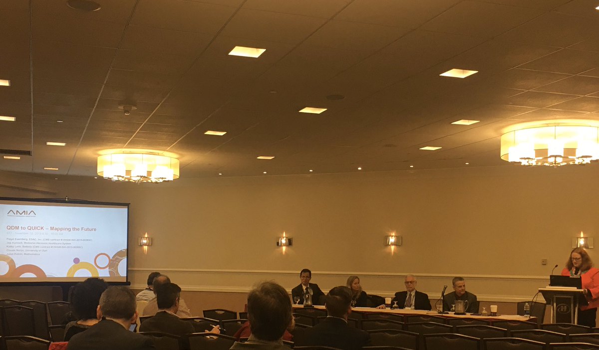NishRJ04's tweet photo. Panel on #QDM #eCQMs mapped to harmonize evolving standards for quality measurement and clinical decision support #CDS using the #HL7 , Quality Improvement Clinical Knowledge (#QUICK)data model, and #FHIR #CQL #AMIA2019 @rninfo55 https://t.co/R5wbMvU7nG