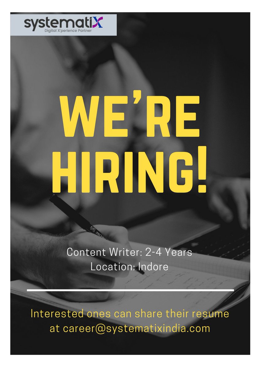 Softude_'s tweet image. Systematix is hiring for a #TechnicalContentWriter 

Skills: 
•Prior experience in writing blogs, articles, press release &amp;amp; white papers preferred. 
•Ability to work independently or with team.
•Excellent verbal and writing skills.

Send resume at career@systematixindia.com