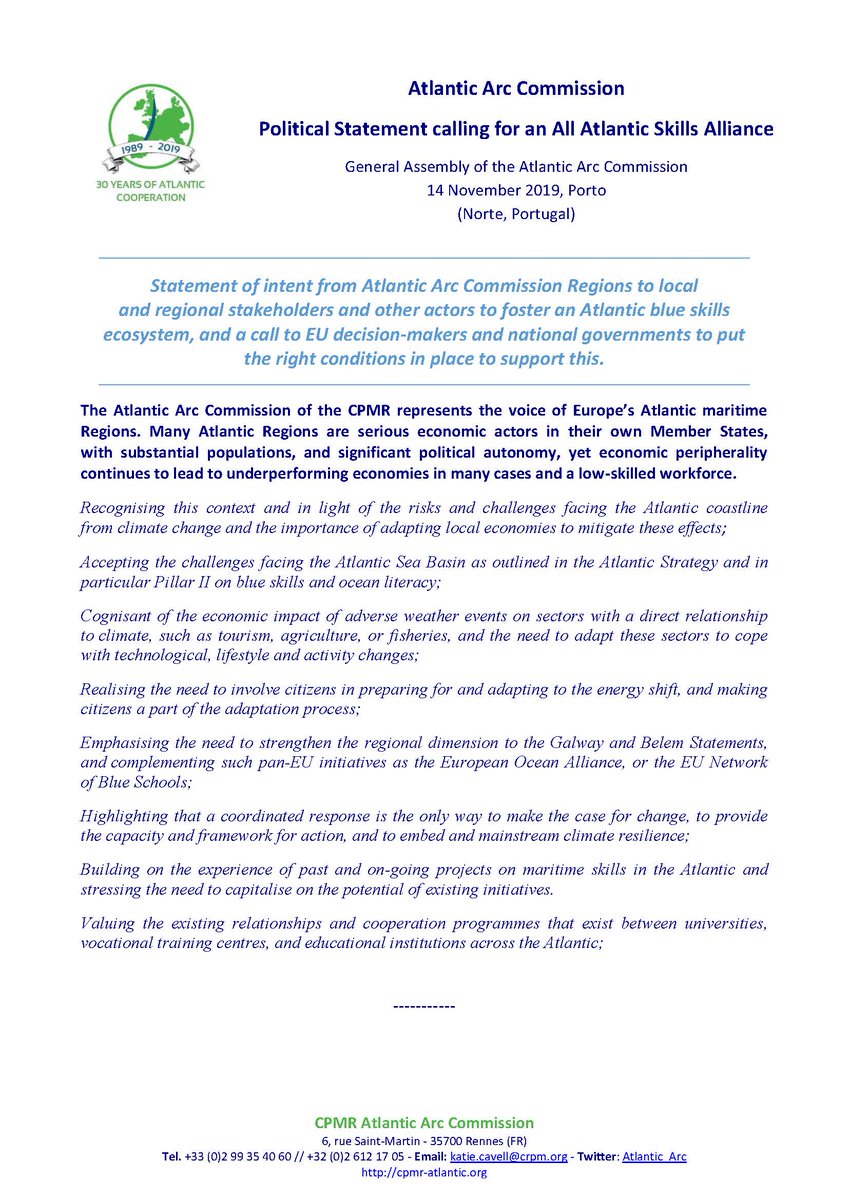 AtlanticAll's tweet photo. EU @Atlantic_Arc Commission Political Statement calling for an All Atlantic Skills Alliance  at the General Assembly of the @Atlantic_Arc General Assembly in Porto on 14 November 2019 @EU_CoR @EU_MARE @EUScienceInnov @RegioInterreg https://t.co/YmxkDvfWsD