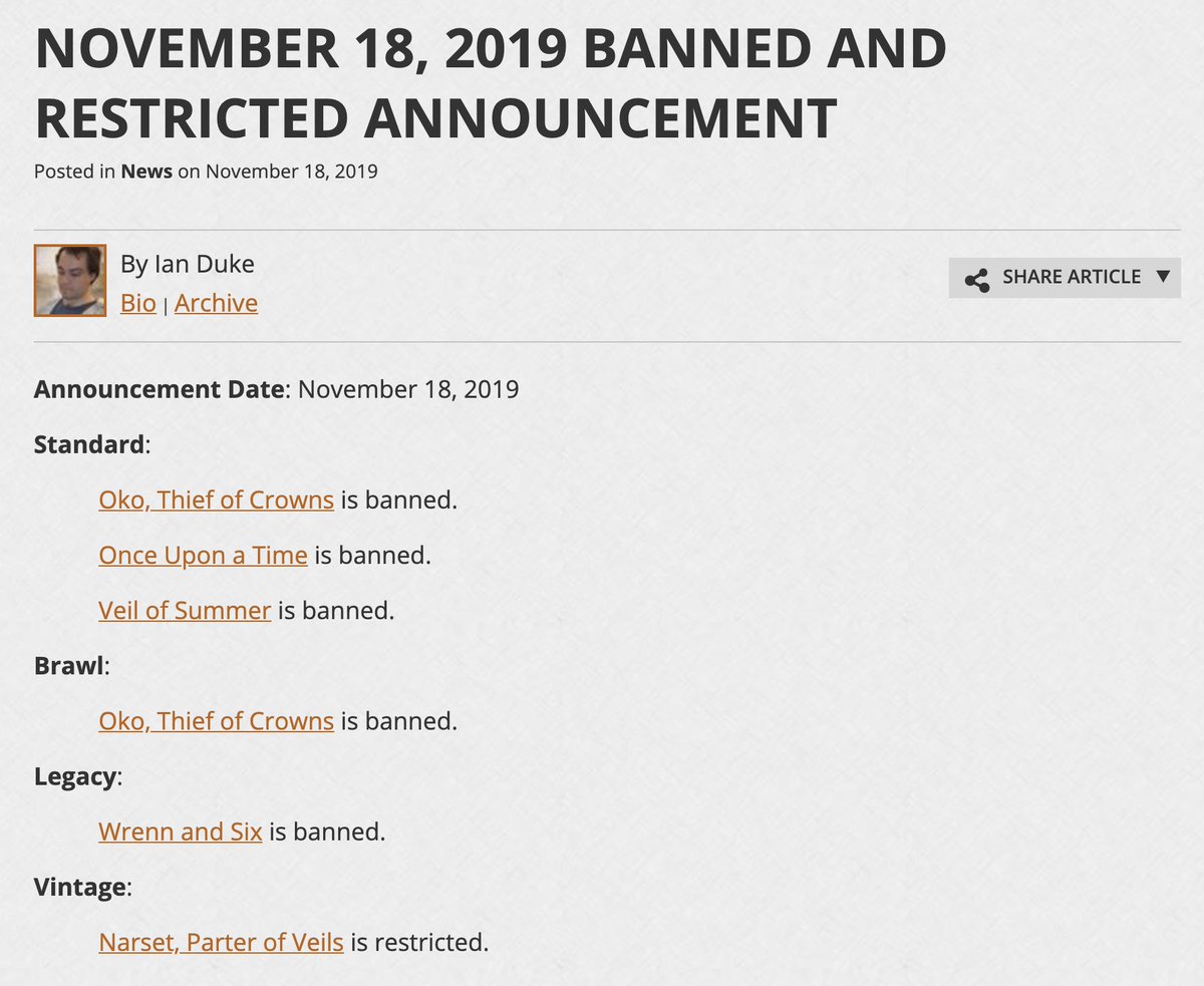 HipstersMTG's tweet photo. Wow, Oko, Thief of Crowns is, Once Upon a Time, and Veil of Summer are banned in Standard!!! #MTG 

Oko, Thief of Crowns is banned in Brawl.

Wrenn and Six is banned in Legacy.

Narset, Parter of Veils is restricted in Vintage.

https://t.co/ipQXKhmsEw https://t.co/Th9lxXah9l