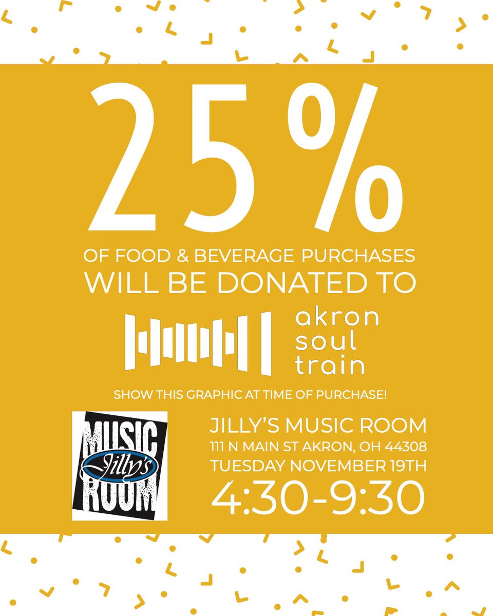Tomorrow night! Show this to your server at @JillysMusicRoom and they will donate 25% of your food and beverage purchase to Akron Soul Train.