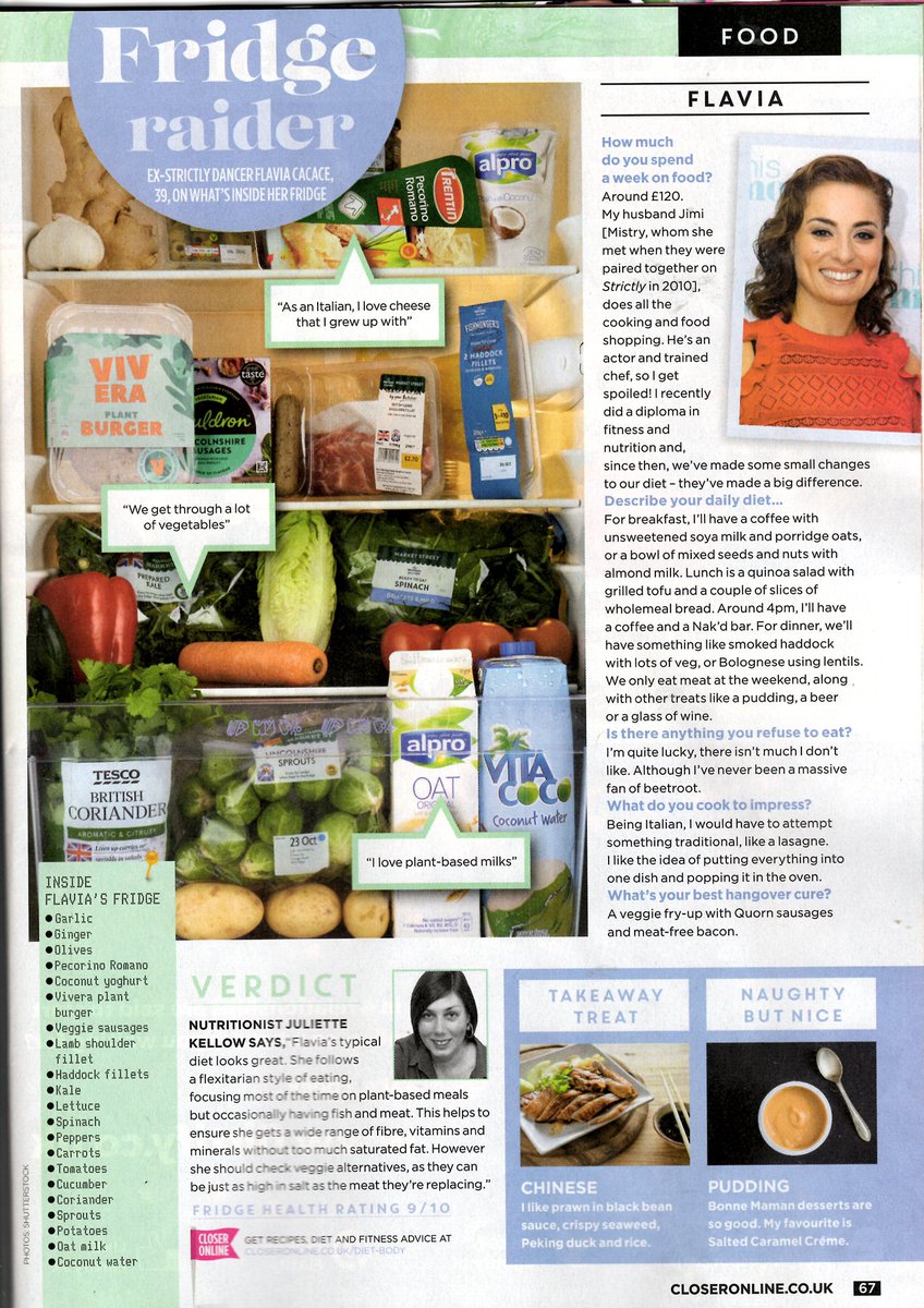 FlaviaCacace's tweet photo. Check our what’s in my fridge in this weeks edition of @CloserOnline 🍌🥦🥕🥑
#FCMFIT #healthyeating #alpro #vivera #goodfood #vegan #veggies #closermag #tasty #fridgeraider #health #nutrition #nutritiontips https://t.co/YKc3dyzlob