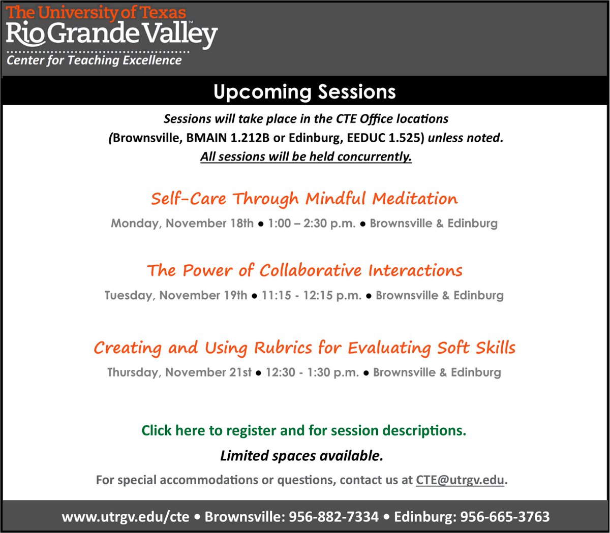 UTRGV_CTE's tweet photo. CTE UPCOMING SESSIONS!
https://t.co/T0CAZzjSjx https://t.co/IdLJpWXf4f