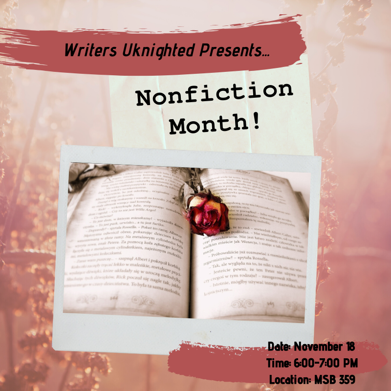 Join us tomorrow for the start of Nonfiction Month! Even if you are not interested in writing nonfiction, we still encourage everybody to come, as we will have a discussion on credibility and biases in nonfiction, among other things, after the presentation. See you soon!