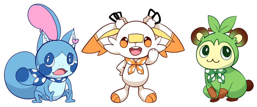 no humans pokemon (creature) open mouth starter pokemon trio white background smile blue eyes  illustration images