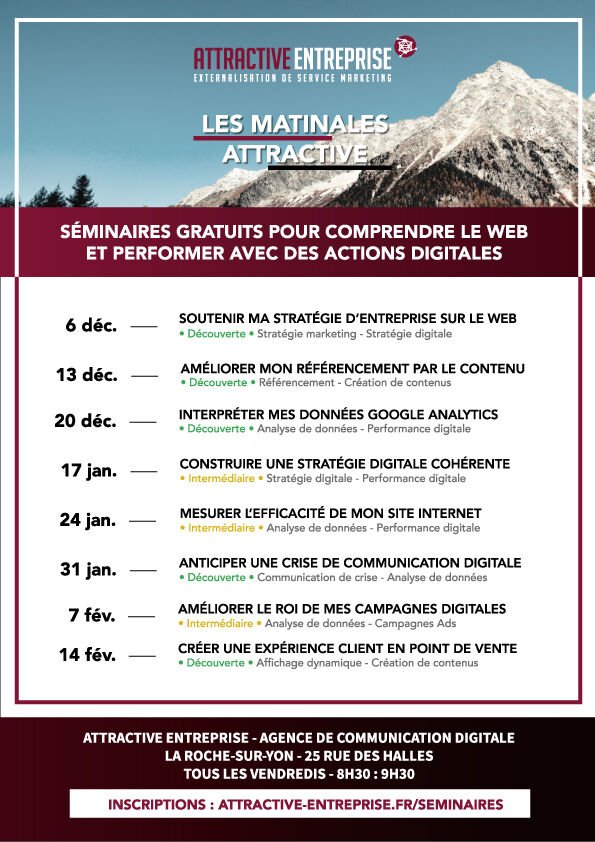 Attractive_Web's tweet photo. ⚠️ SÉMINAIRES GRATUITS 
✅ Détails et Inscriptions : https://t.co/NwHNx7zaH8
Attractive Entreprise lance "les matinales Attractive" ! Des matinées d'échanges et de découvertes autour d'actions concrètes pour le développement digital des entreprises.
📣 N'hésitez pas à partager ! https://t.co/uAuEZW7dkc