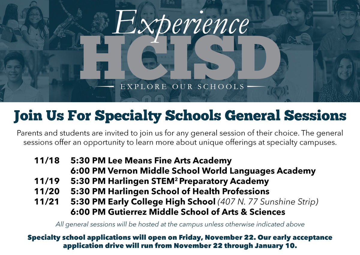 We will be hosting information sessions all week! Join us to learn to more about our six specialty schools. #ExperienceHCISD