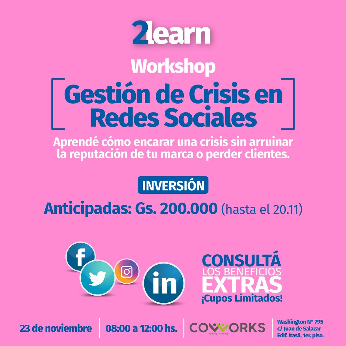 Porque vos lo pediste!Extendemos el periodo de #anticipadas hasta este miércoles 20.11. Llamame o enviame un mensaje al: (0981) 148 607#workshop #socialmedia #beneficios #preciosespeciales#creatividad #redessociales #networking #gestióndecrisis