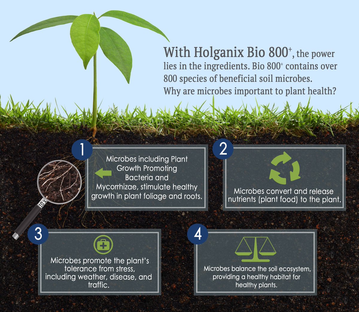 A complete soil ecosystem in a jug, Holganix Bio 800 harnesses the power of 800+ soil microbes to improve crop yields and turf agronomics. 

Dig into the science behind Holganix Bio 800 and meet our science leaders here:
 hubs.ly/H0lbqxK0 #Soil #AgTech #Agriculture