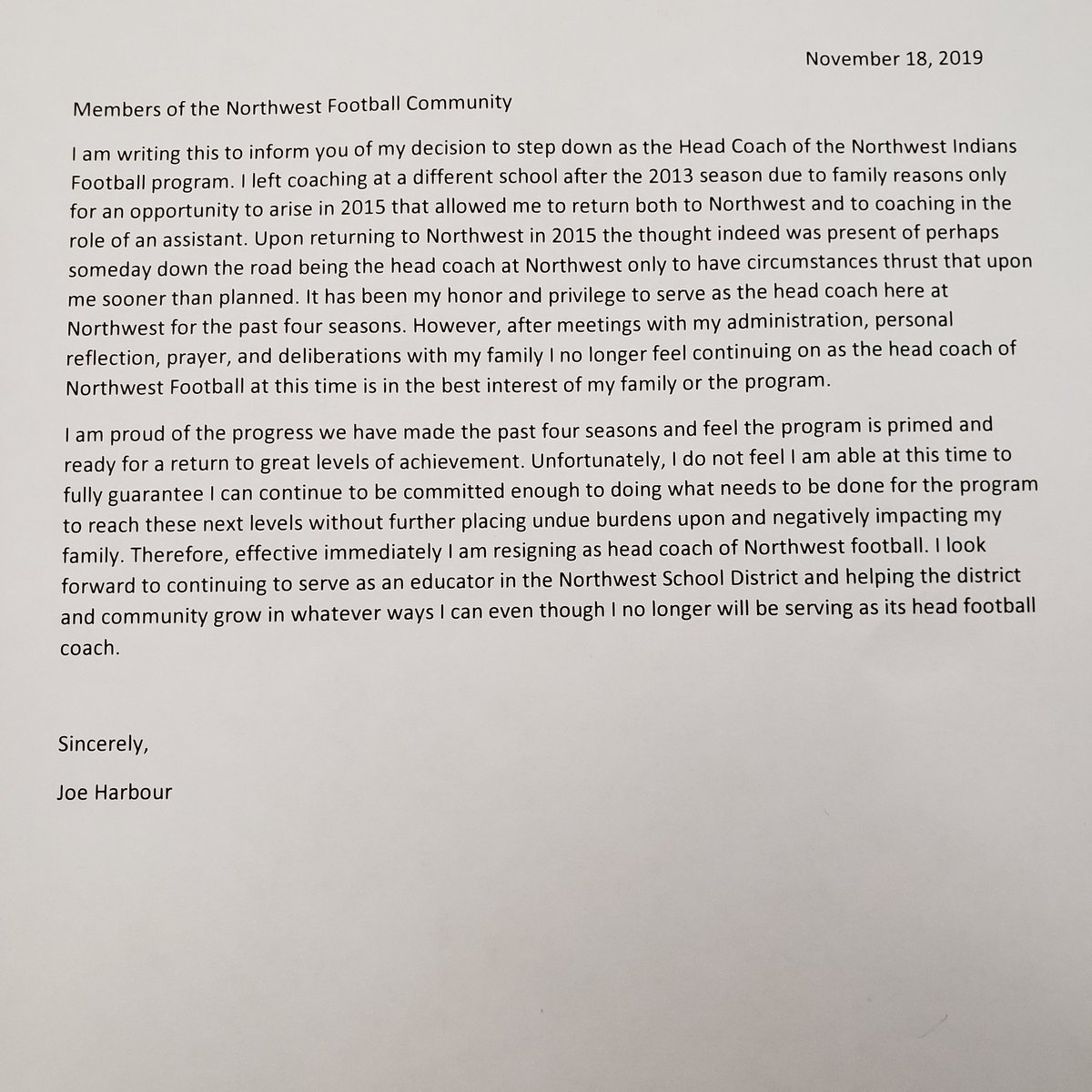 This tweet is to announce to public my resignation as Head Coach at Northwest. I thank everyone for support last 4 years. I feel program is in better place &amp; poised to really take off but it is time for someone else to lead program as I step away to focus more on my family.