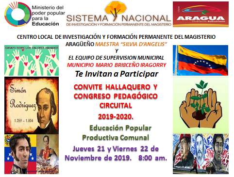 #18Noviembre <a href="/DePermanente1/">Centro Inv y Form Docente Mario Briceño</a> y El Equipo de Supervision <a href="/MBIEnBatalla/">MBI En Batalla</a> te invitan a Participar en el #CongresoPedagogicoCircuital y #ConviteHallaquero 
Educacion Popular Productiva Comunal.
Hacia la Comunalizacion de la Educacion. <a href="/NicolasMaduro/">Nicolás Maduro</a> @psuvaristobulo <a href="/leoalvacabrera/">Prof. Leonardo Alvarado</a>
