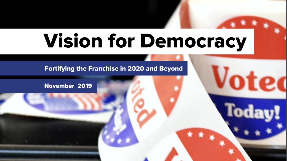 A screenshot of the platform cover features 'I Voted' stickers with the words "Vision for Democracy: Fortifying the Franchise in 2020 and Beyond, November 2019"