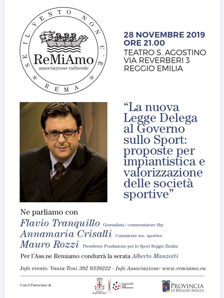 #28novembre ore 21 Teatro S.Agostino #ReggioEmilia con il #patrocinio @ComuneRE @ProvinciadiRE @quieto62 #AnnamariaCrisalli #AlbertoRozzi #sport #impiantisportivi #pubblicovsprivato #societàsportive e #ReMiAmo