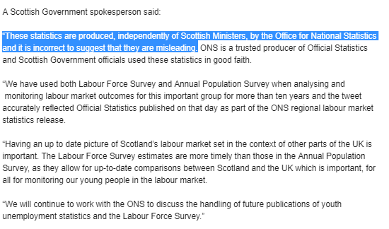 ChrisMusson's tweet photo. Statement just now from @ScotGov full of red herrings. What matters is they cherry-picked an unreliable, uncertified stat to mislead and make a political point (claim: youth unemployment is down), when more reliable, certified stat showed youth unemployment is up https://t.co/kd4OUCpKSn