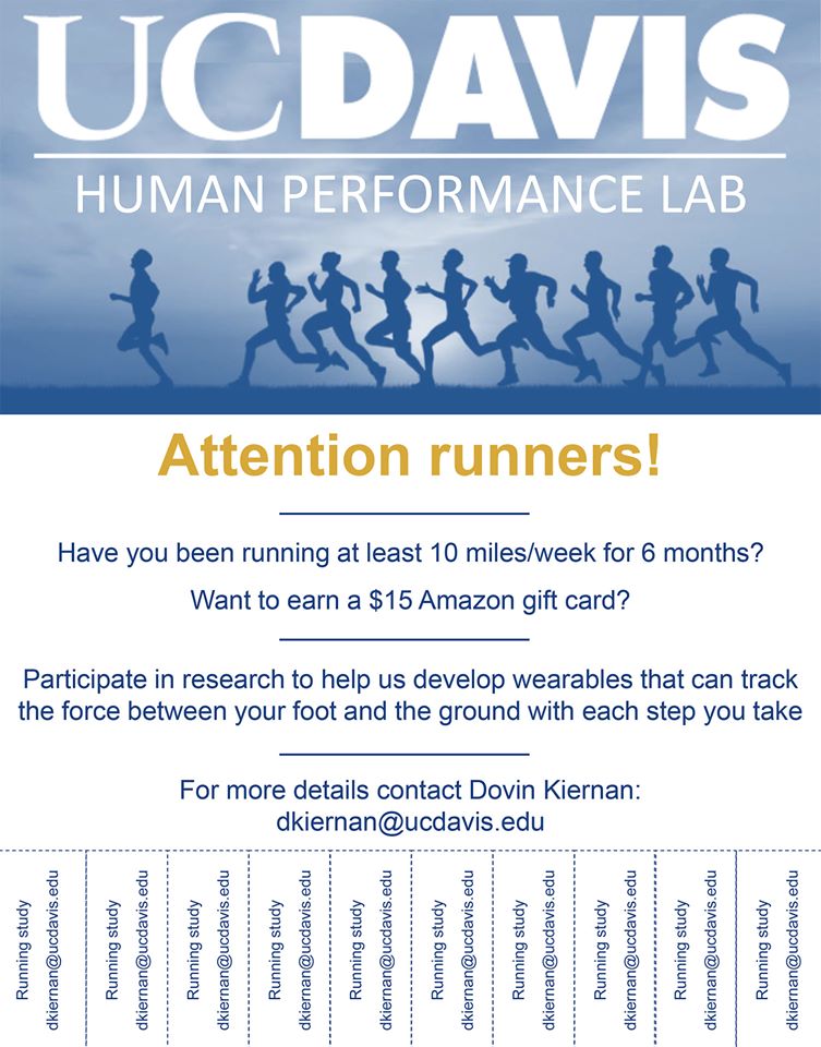 ucdavisbiology's tweet photo. Have you been running at least 10 miles/week for 6 months? The Human Performance Lab at UC Davis is looking for runners to participate in research to help develop wearables that can track the force between the foot and the ground. See flyer for more information. https://t.co/CaJWtSGY8M