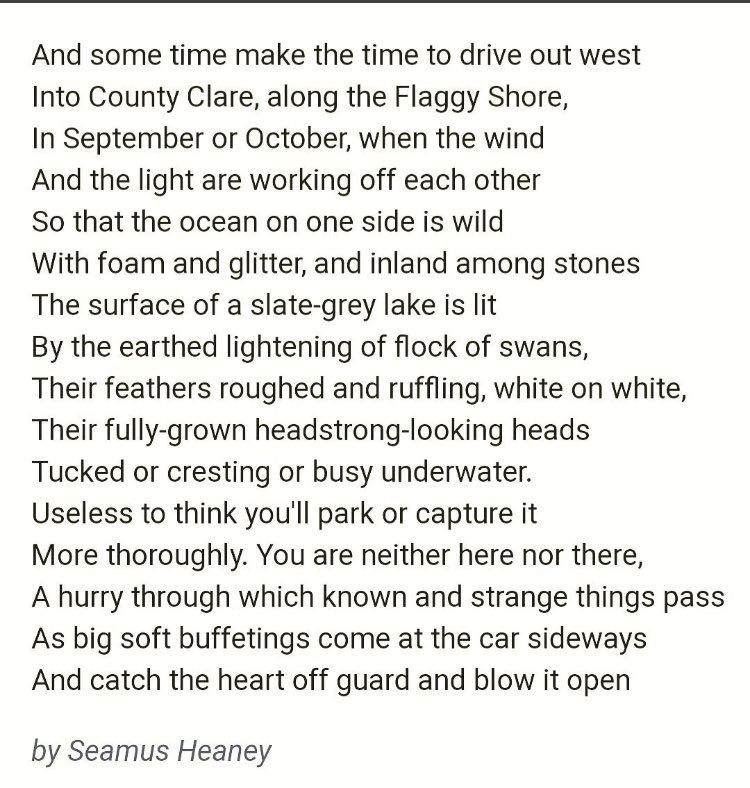 Gonna try to recreate my thinking about a poem to see why I enjoy it/get so much out of it. One of the first I memorized, Heaney’s Postscript—used to hang on the wall of my dorm’s computer lab, and I read it every time I went in