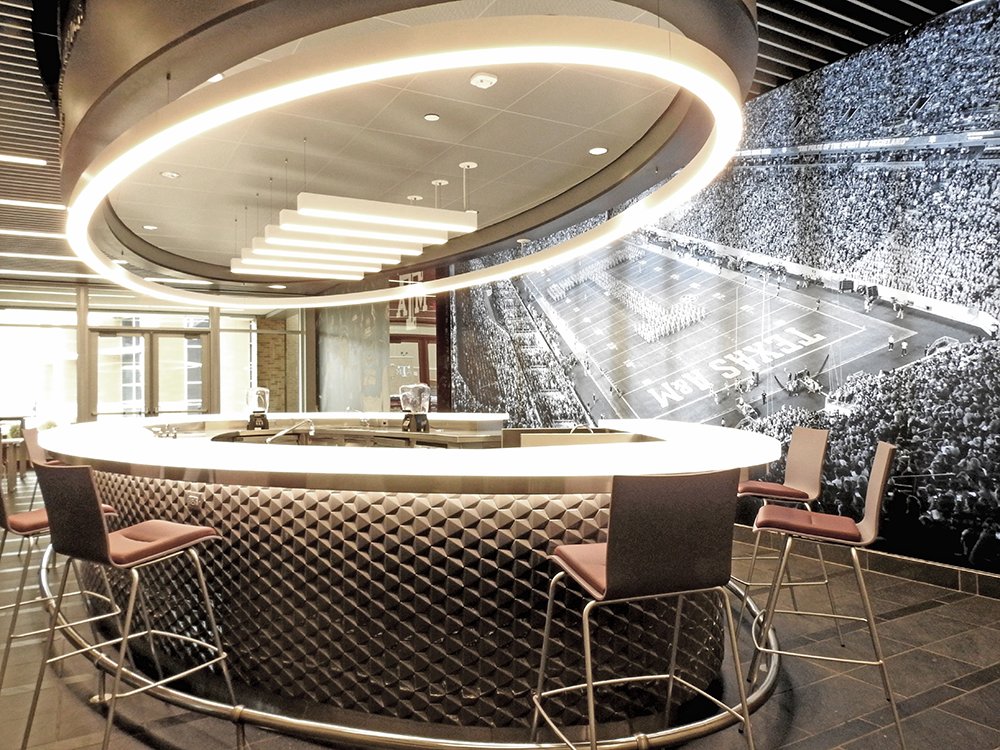 epikitchen's tweet photo. Check out TAMU's Smoothie Bar that @CounterInc built!  It is a football shaped smoothie bar with 3” thick backlit 3-Form countertop, special counter body finish &amp; interior prep/sink area for smoothie production. It goes perfectly with the theme!
#epikitchen #countercraftinc #tamu https://t.co/LtYQhQSMGO