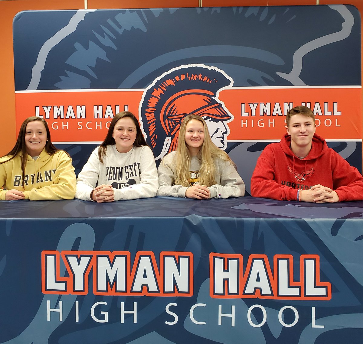 LHHSAthletics's tweet photo. Congratulations to Faith Gambardella (Bryant University), Casey Loughlin (Penn State), Hailey Bruneau (University of Rochester), and Colin Blake (University of Hartford) on announcing their plans to play at the next level. @GameTimeCT @SCCcommissioner @LymanHallPRIDE https://t.co/GczDYuPksA