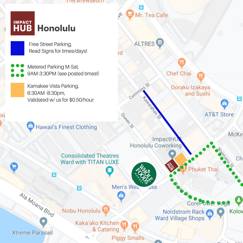 Check out the updated parking map! 🛑

Be sure to check all street signs and follow rules for local parking lots and streets! As a reminder, the Kamakee Vista parking lot is open Monday - Friday, from 6:30AM - 8:30PM and we validate! See the host for Details.