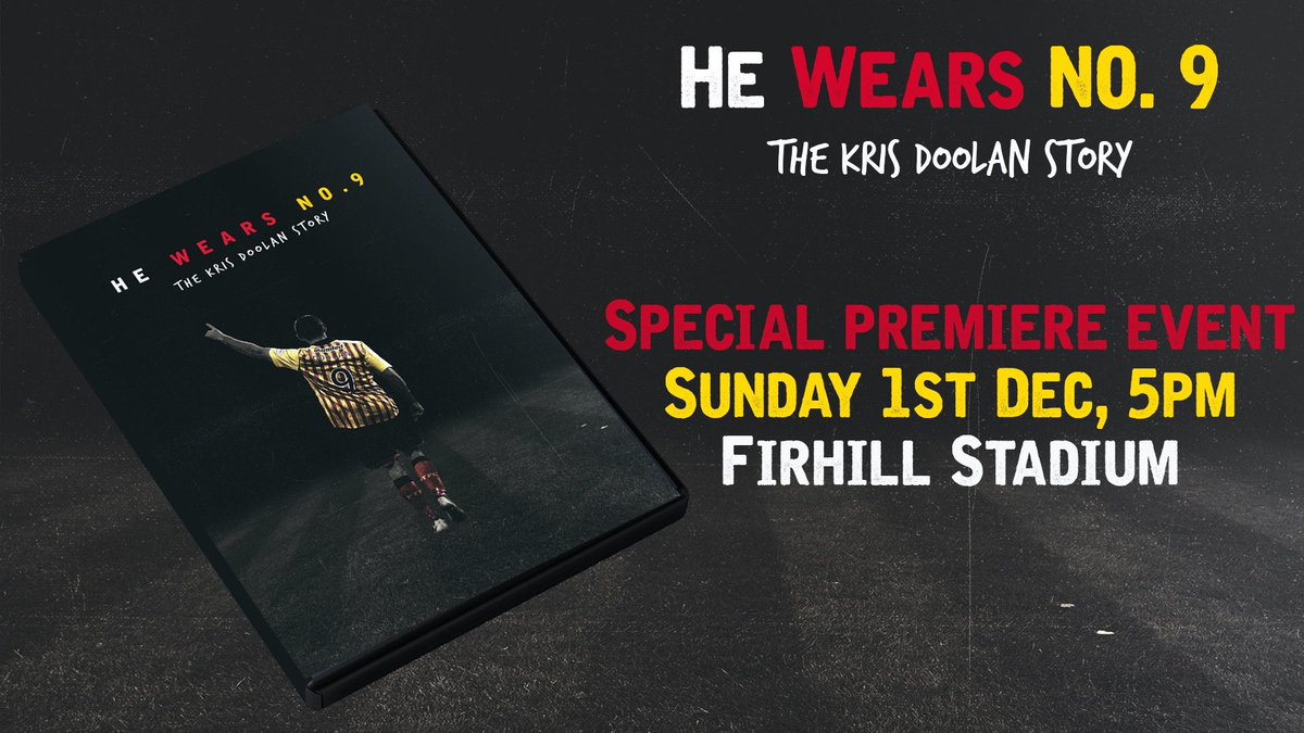 Kdoolanjag's tweet photo. The premiere of He Wears Number 9: The Kris Doolan story will be at Firhill on Dec 1st

The last event of the year will be the first non match event which under 18s can attend, giving the younger generation of Jags a chance to support their hero. 

Tickets on sale 9am tomorrow. https://t.co/E29209KdLl