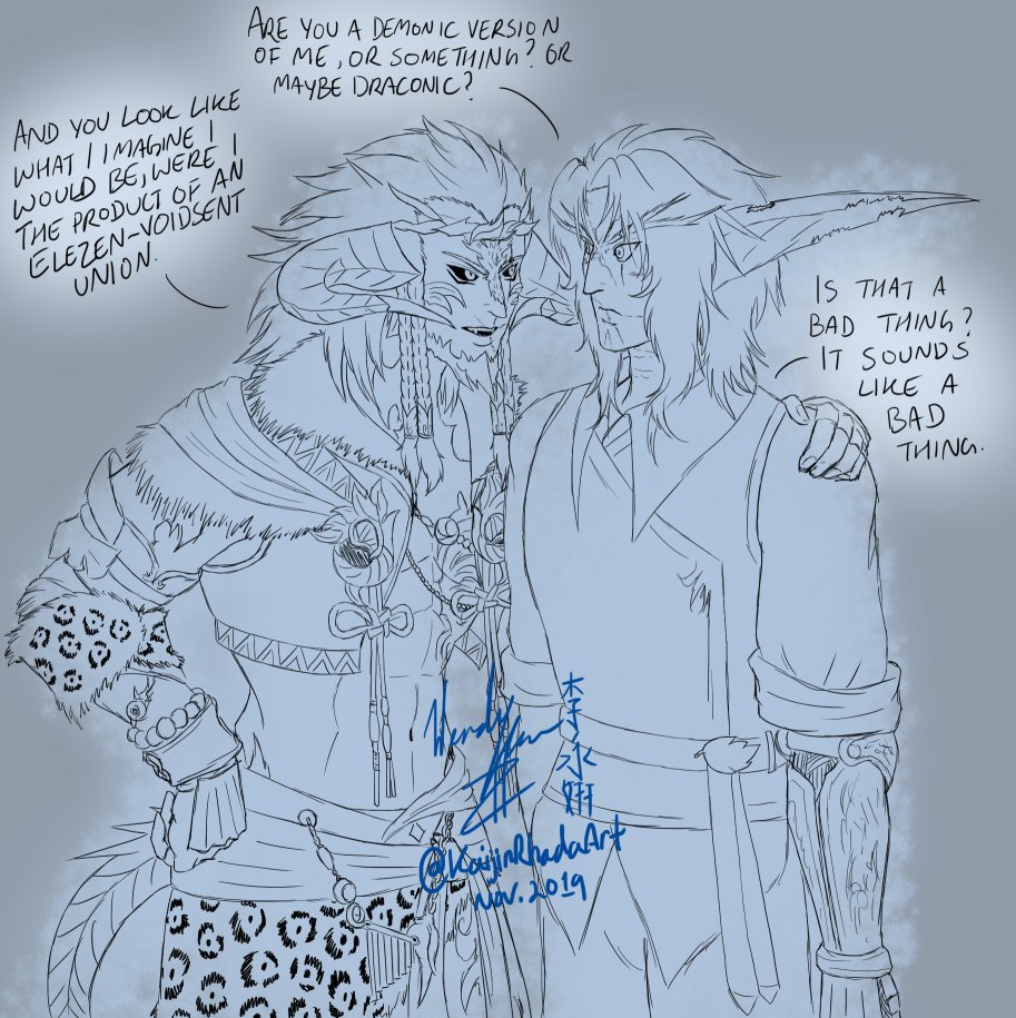 KaijinRhada's tweet photo. Doodled prompt 17 (AU) for #nelfember #nelfember2019 of Jaou with his #FFXIV incarnation. They're essentially the same basic build and whatnot, right? 🤔You can see what Au Ra Jaou is, but no set armour for NE Jaou yet. orz
#nightelf #aura https://t.co/wBwsZc3g2M