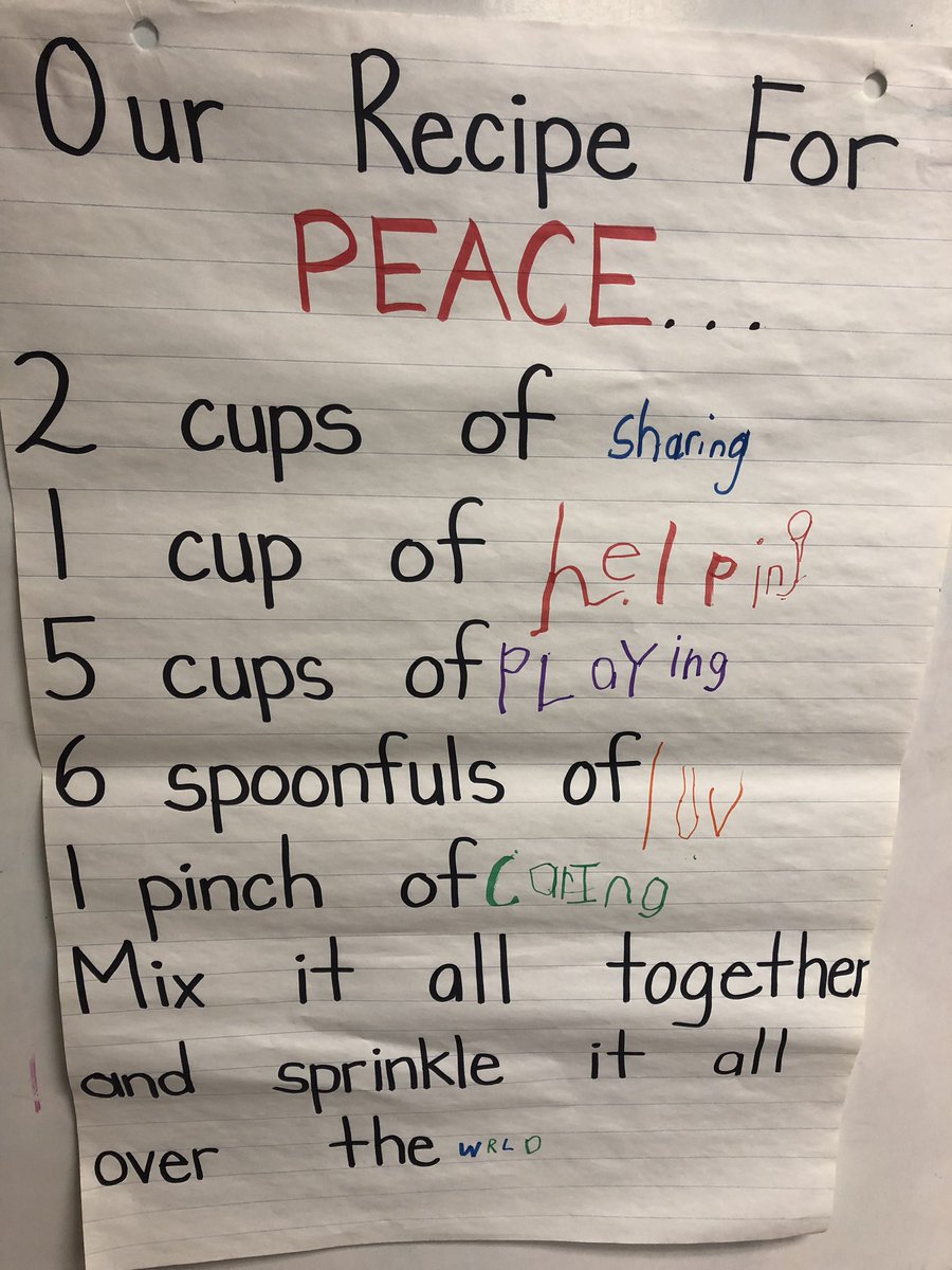 MrsMossasStars's tweet photo. Our virtue of the month is PEACE. After reading The Book of Peace by Todd Parr, our superstars were asked to explain what peace means to them. Afterwards, we created our own recipe for PEACE. ❤️ @Miss__Tavares @deSalesTCDSB https://t.co/wEU2kd3J0w