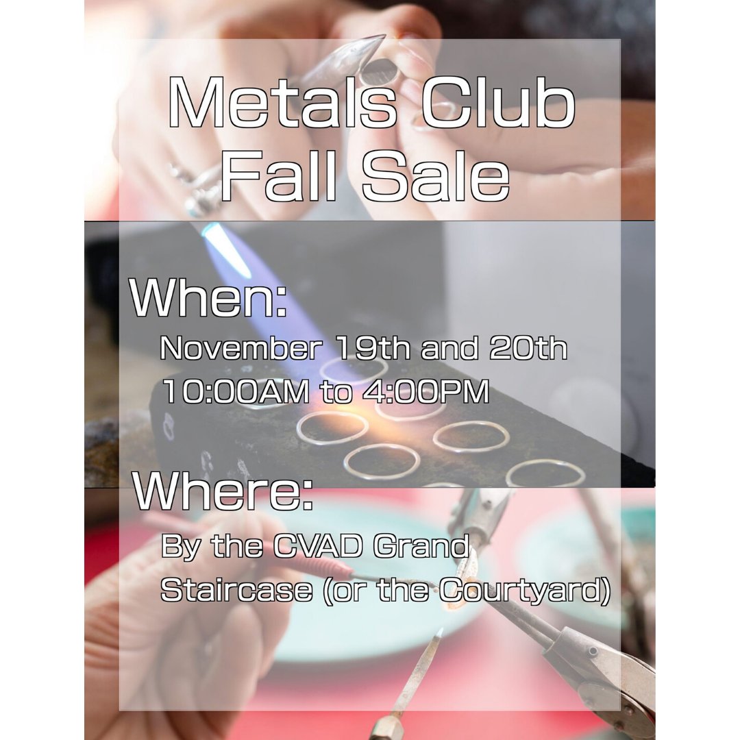 UNTCVAD's tweet photo. Stop by the art building courtyard on Nov 19 & 20 at 10 a.m. - 4 p.m. The UNT Metals Club will be having its fall sale! See details on CVAD events & happenings at https://t.co/GAZxH4EqEl! #untcvad #visualarts #studioart #unt #artschool #metalsmithingjewelry #CVADstudents #metals https://t.co/9HcyM7rDlz