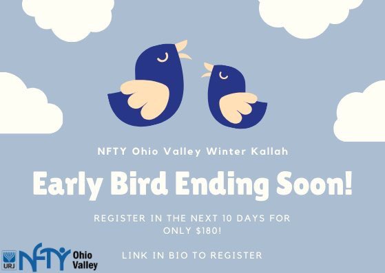OV_PVP's tweet image. Hey Ohio Valley! Early bird registration for winter kallah ends in just TEN days! Sign up now to secure your spot at this amazing event for the lowest cost! Scholarships are available! Dm with any question◡̈